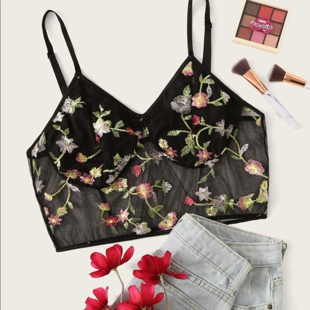 SHEIN floral embroidery sheer bralette